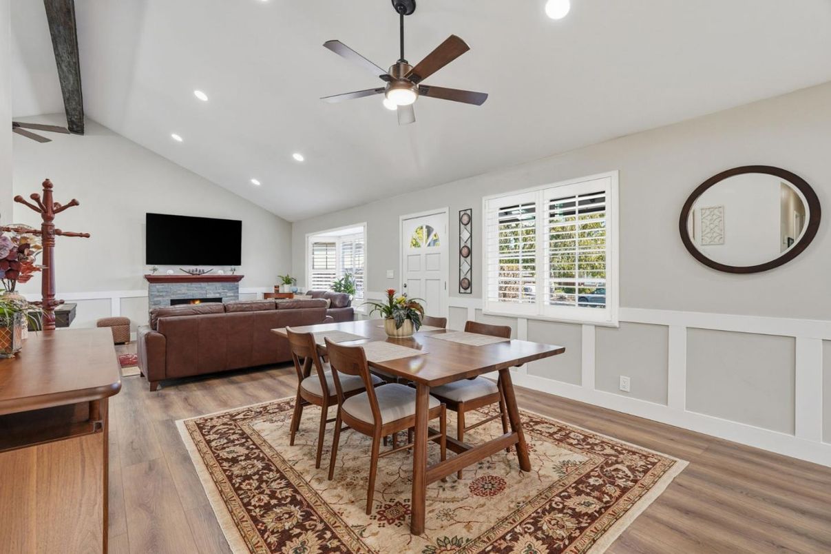 Dining room, Fireplace, Interior, Living room, Recessed Lighting, Wooden Beams, Wood Texture Flooring