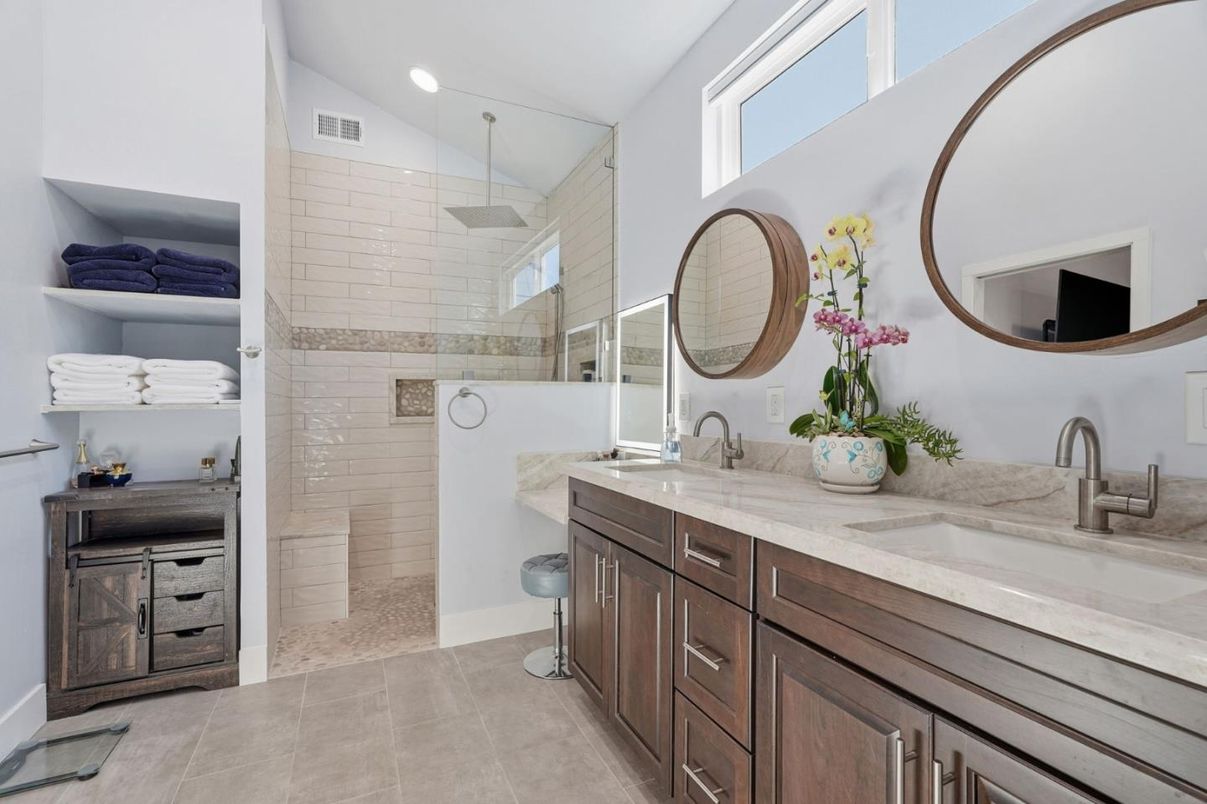 Bathroom, Dual Sink Vanities, Glass Shower, Interior, Recessed Lighting
