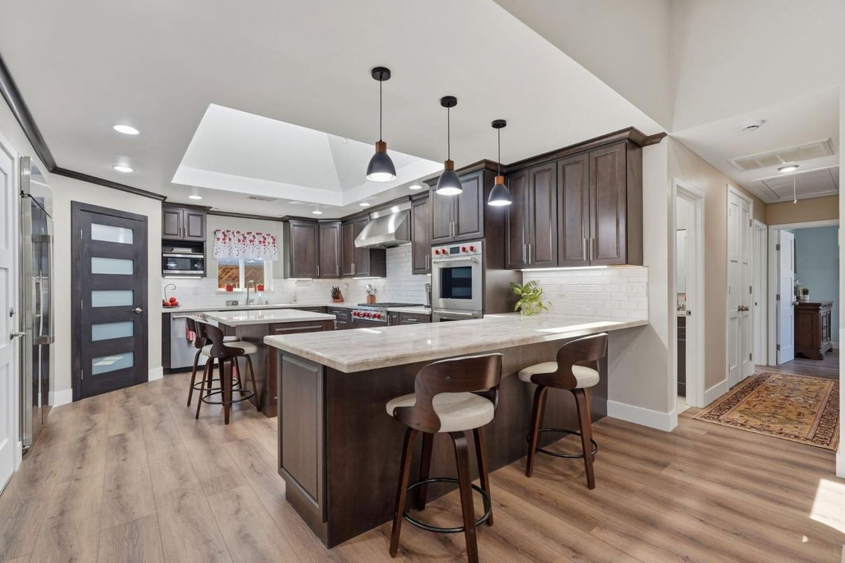 Interior, Kitchen, Pendant Lights, Recessed Lighting, Stainless Steel Appliances, Wood Texture Flooring