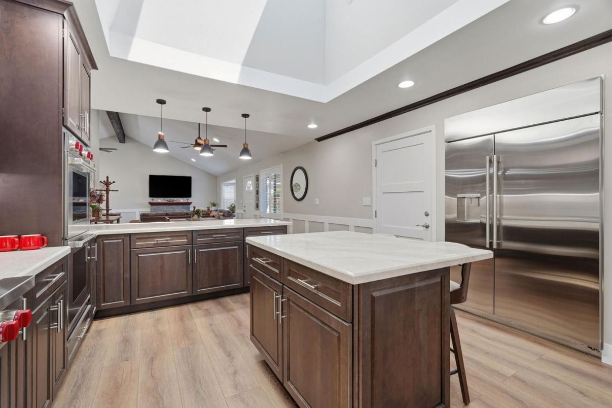 Interior, Kitchen, Pendant Lights, Recessed Lighting, Stainless Steel Appliances, Wood Texture Flooring