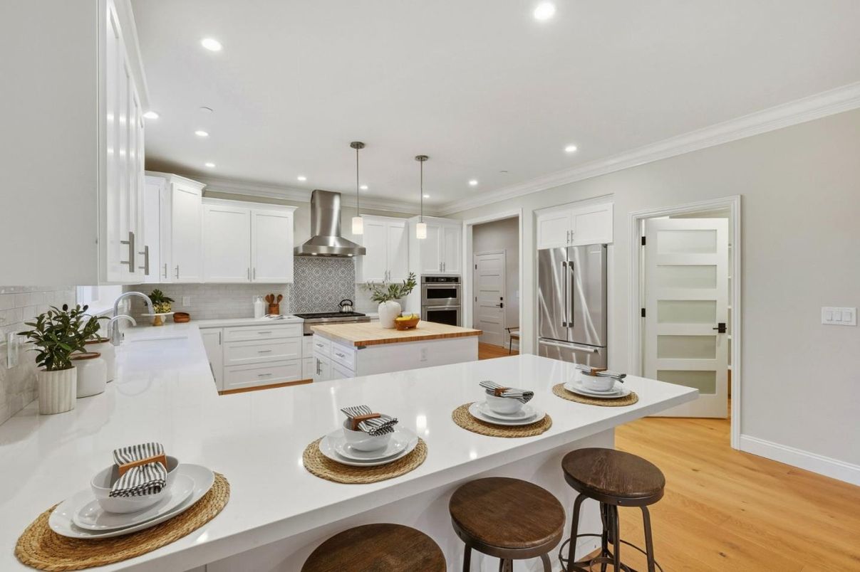 Interior, Kitchen, Pendant Lights, Recessed Lighting, Stainless Steel Appliances, Wood Texture Flooring