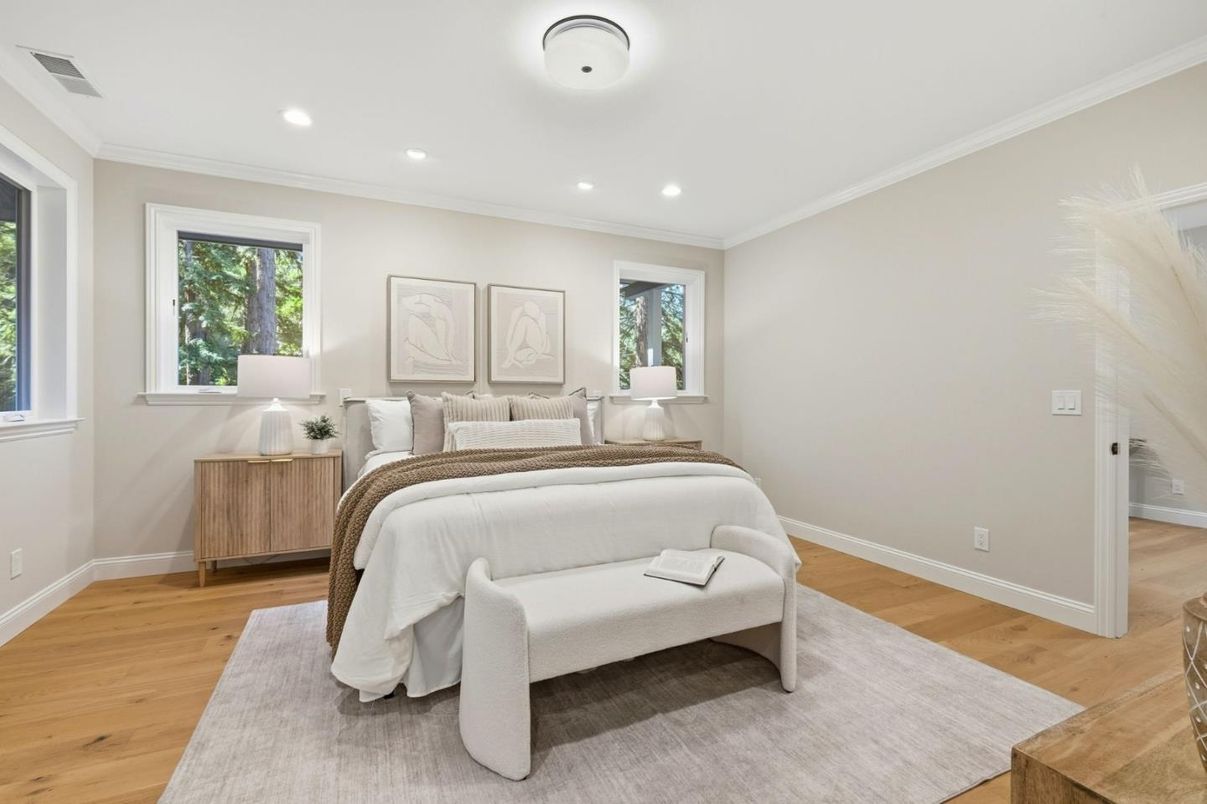 Bedroom, Interior, Recessed Lighting, Wood Texture Flooring