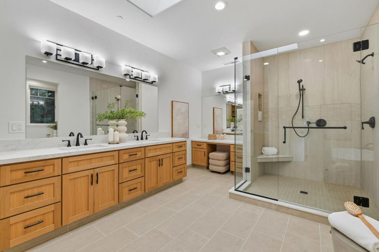 Bathroom, Dual Sink Vanities, Glass Shower, Interior, Recessed Lighting