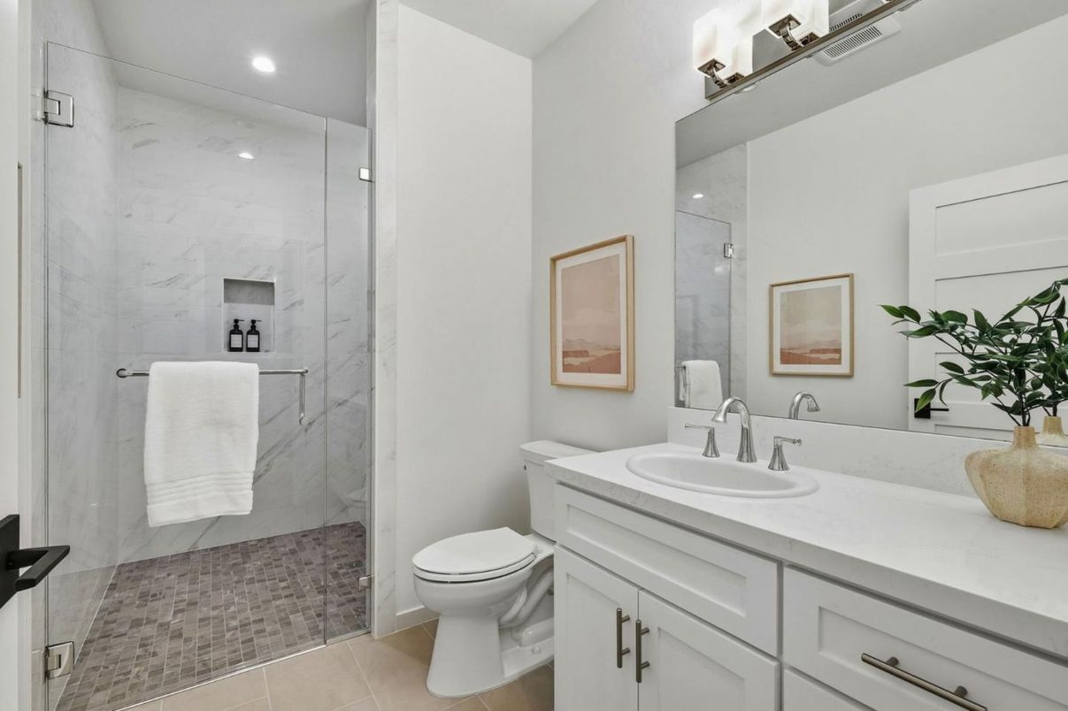 Bathroom, Glass Shower, Interior, Marble Walls, Recessed Lighting