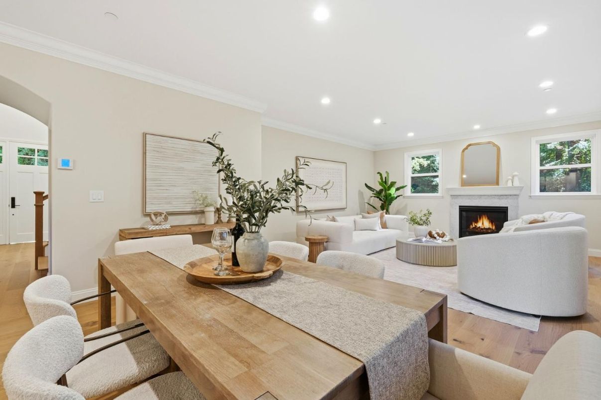 Dining room, Fireplace, Interior, Living room, Recessed Lighting, Wood Texture Flooring