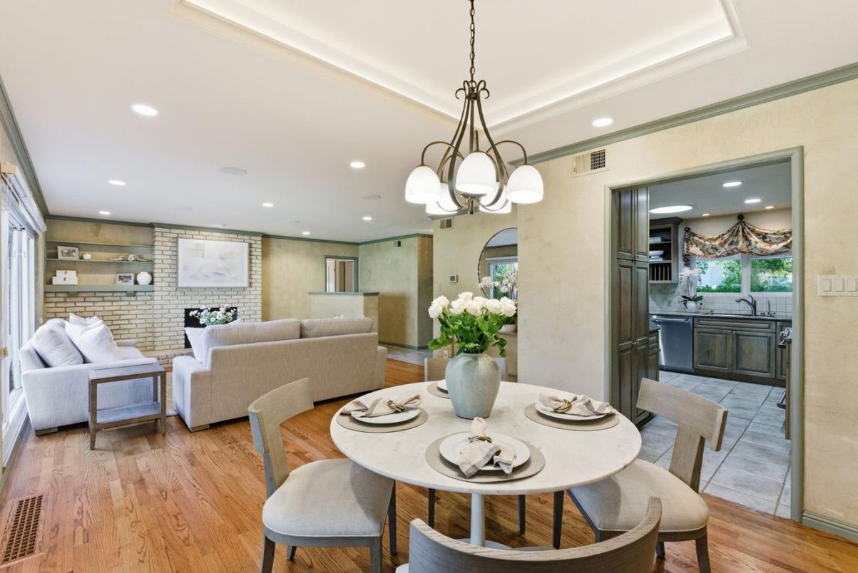 Dining room, Interior, Kitchen, Living room, Pendant Lights, Recessed Lighting, Stone Walls, Wood Texture Flooring