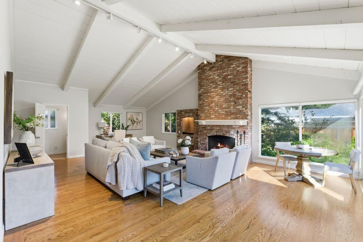 Fireplace, Interior, Living room, Recessed Lighting, Stone Walls, Wood Texture Flooring