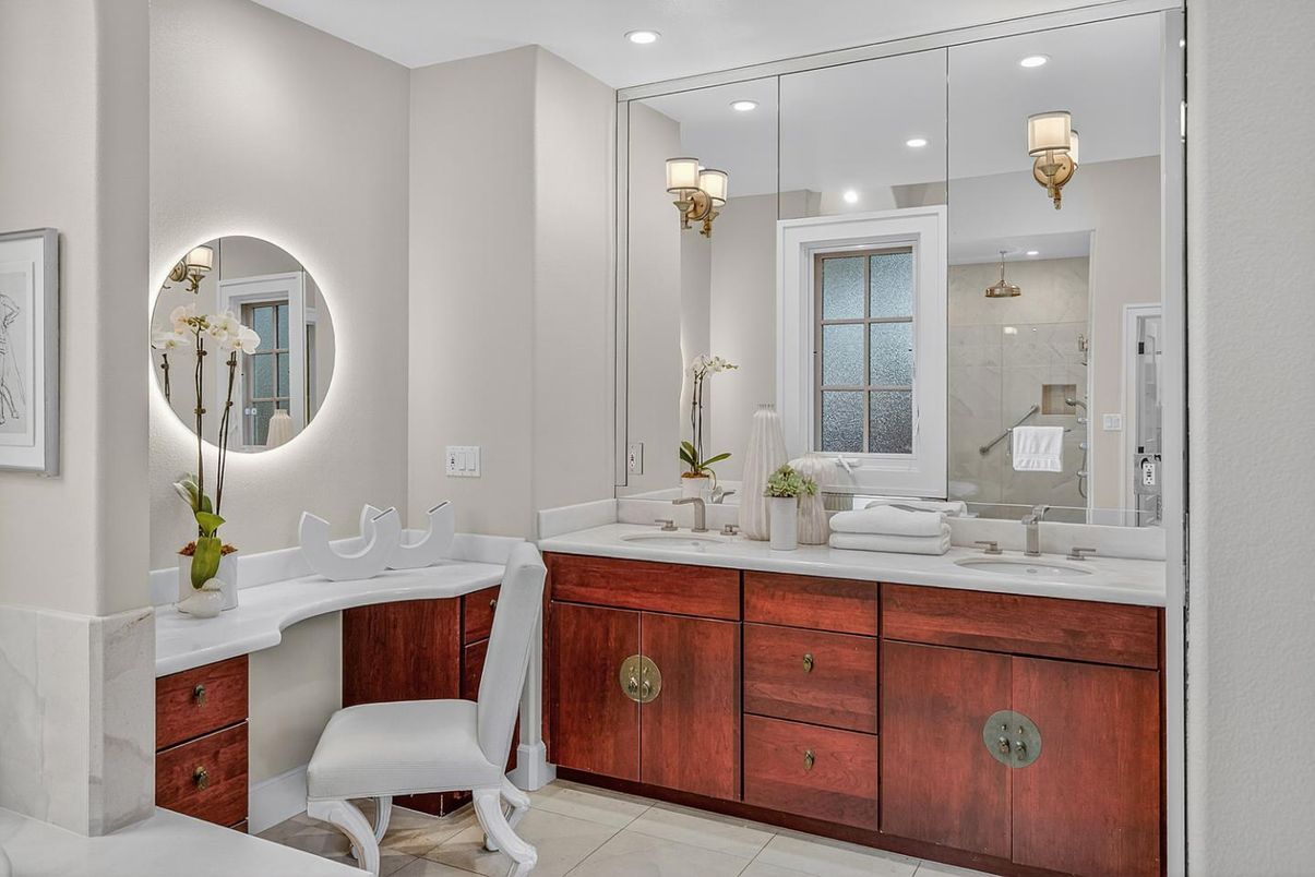 Bathroom, Dual Sink Vanities, Interior, Marble Walls, Recessed Lighting