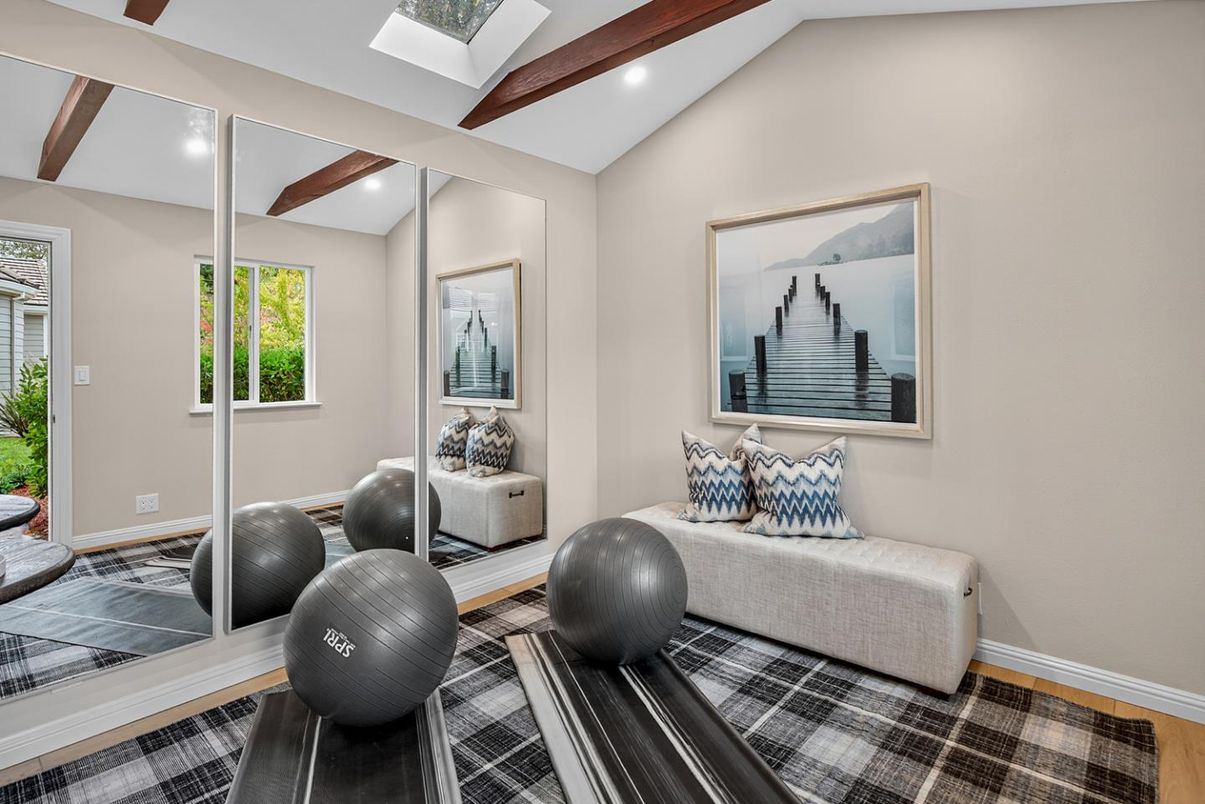 Fitness Equipment, Interior, Recessed Lighting, Wooden Beams, Wood Texture Flooring