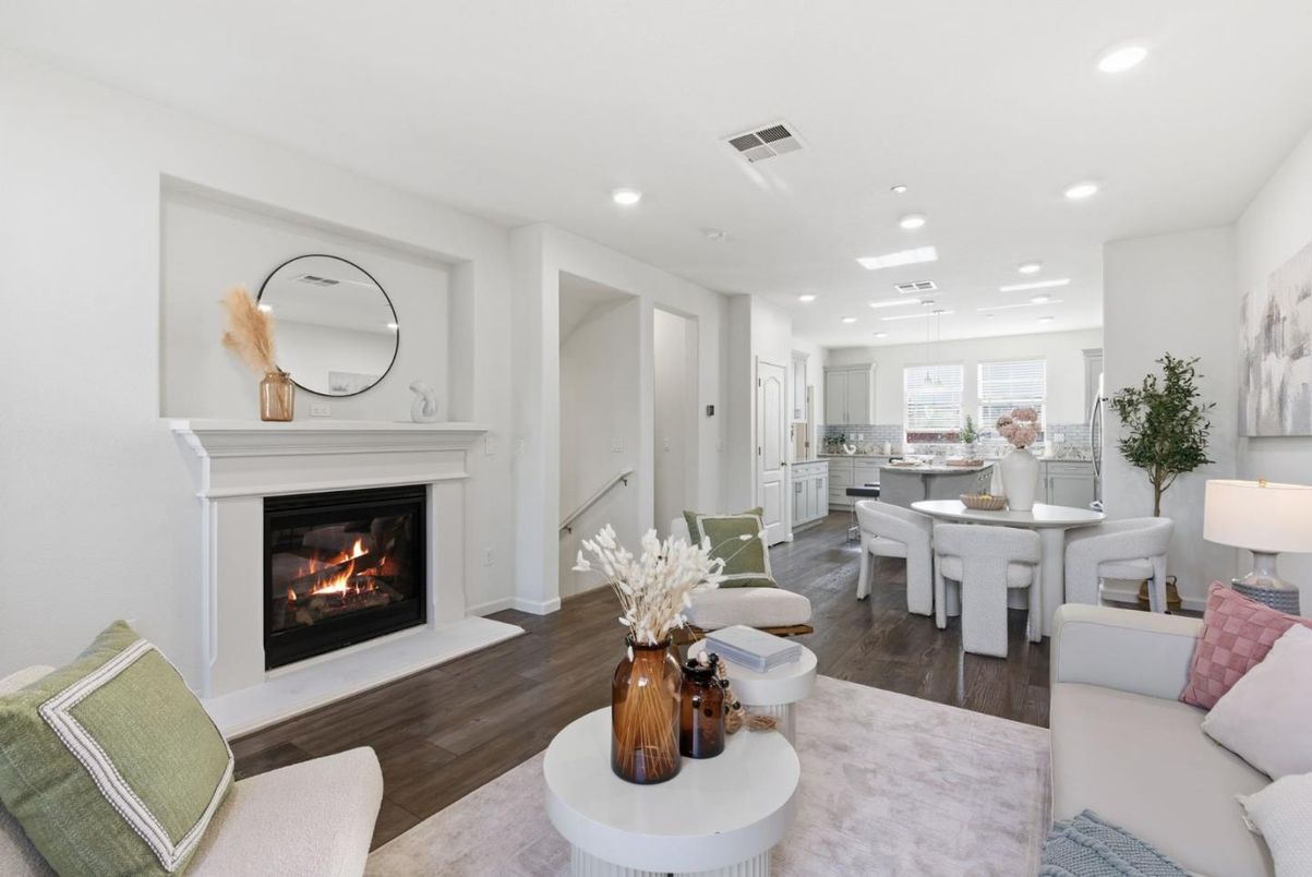 Dining room, Fireplace, Interior, Living room, Pendant Lights, Recessed Lighting, Wood Texture Flooring