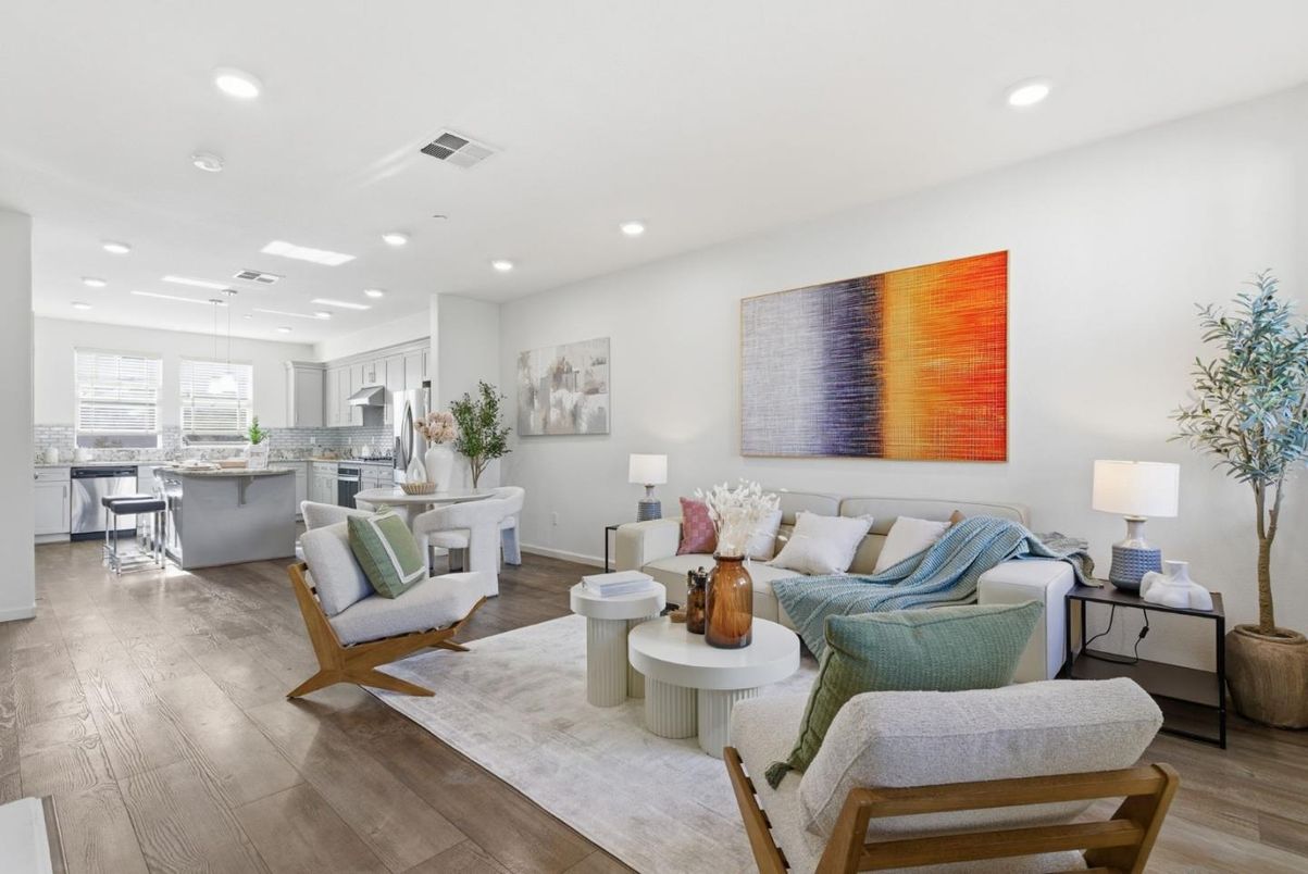 Dining room, Interior, Kitchen, Living room, Pendant Lights, Recessed Lighting, Stainless Steel Appliances, Wood Texture Flooring