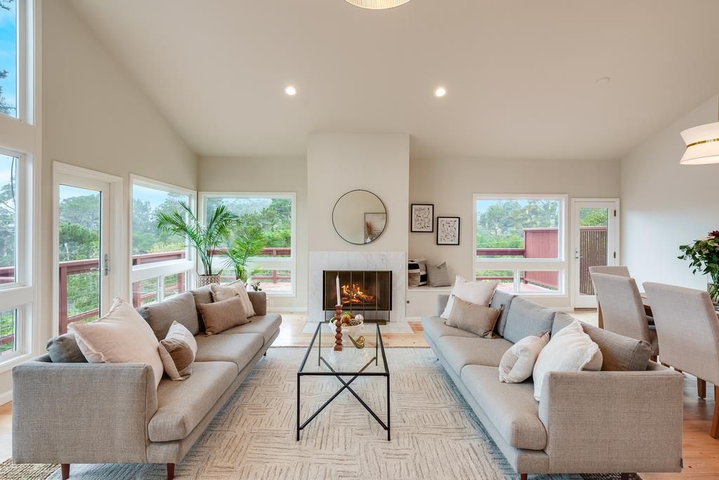 Dining room, Fireplace, Interior, Living room, Recessed Lighting, Wood Texture Flooring