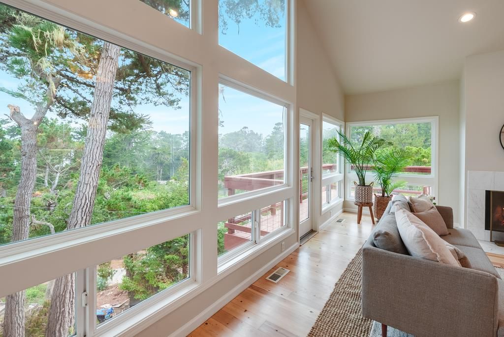 Fireplace, Interior, Living room, Recessed Lighting, Sun Room, Wood Texture Flooring