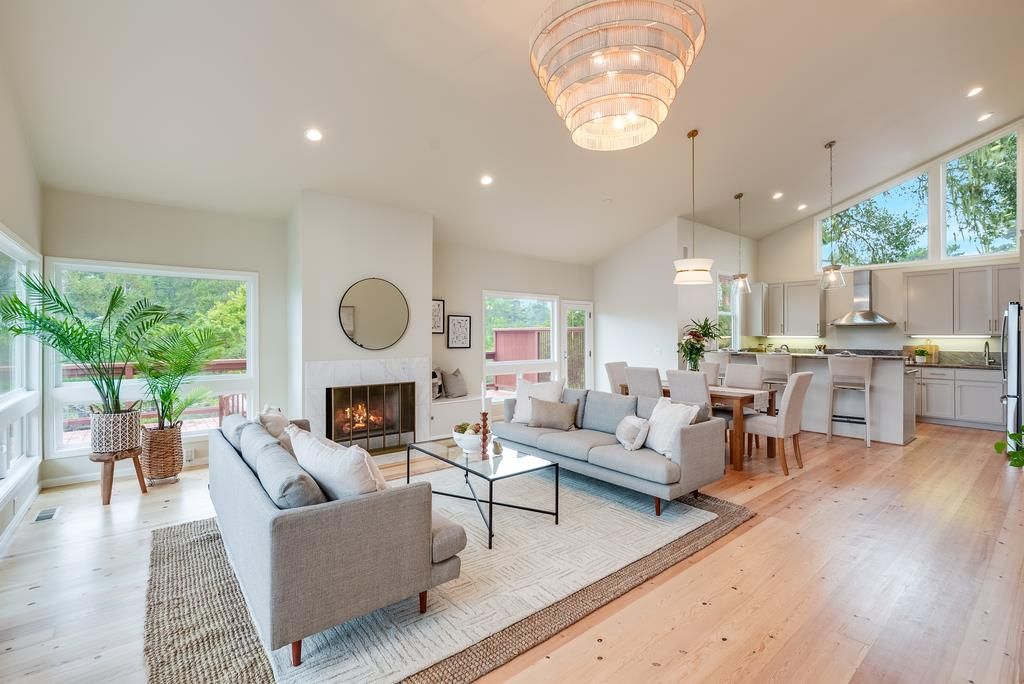 Chandelier, Dining room, Fireplace, Interior, Kitchen, Living room, Pendant Lights, Recessed Lighting, Wood Texture Flooring