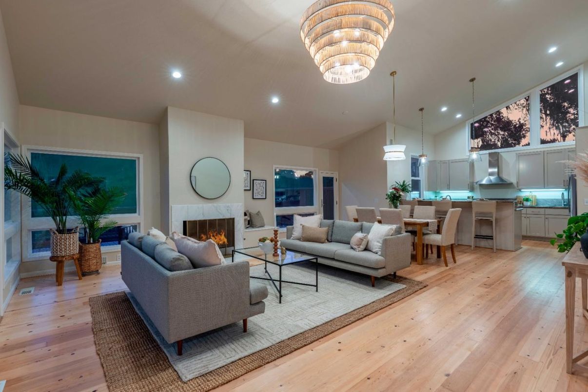 Chandelier, Dining room, Fireplace, Interior, Kitchen, Living room, Pendant Lights, Recessed Lighting, Wood Texture Flooring