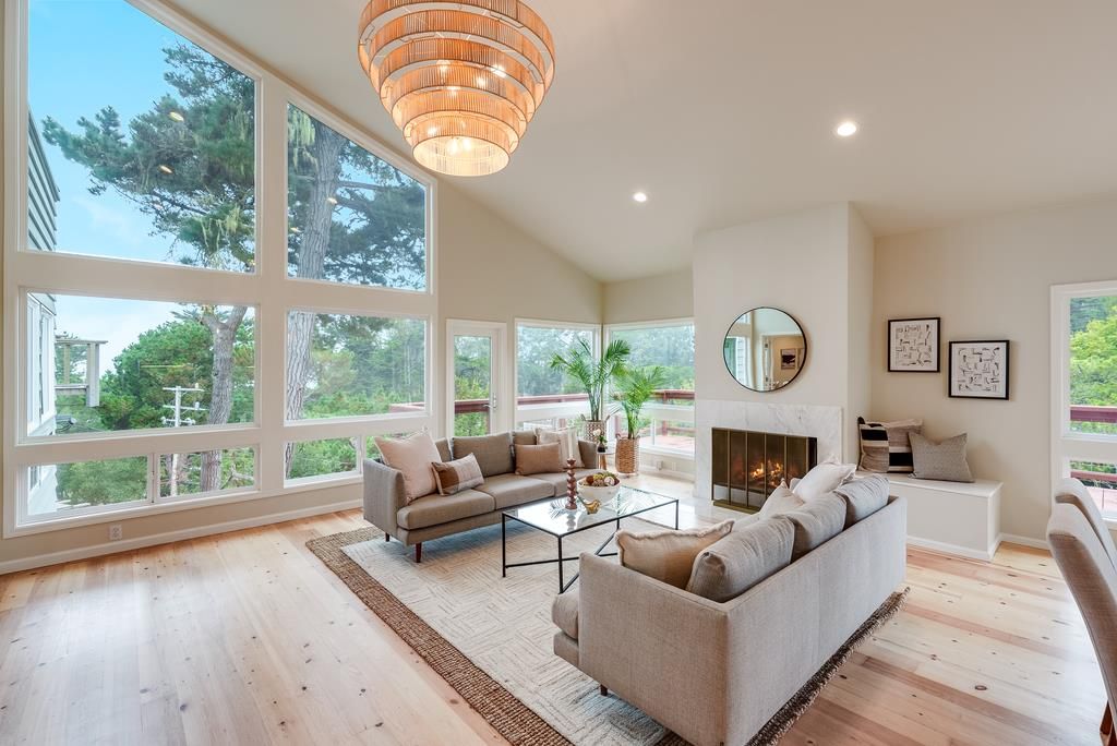 Chandelier, Fireplace, Interior, Living room, Recessed Lighting, Wood Texture Flooring