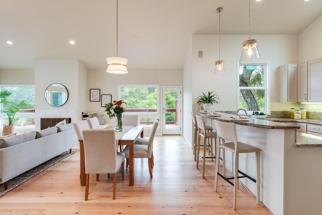 Dining room, Fireplace, Interior, Living room, Pendant Lights, Recessed Lighting, Wood Texture Flooring