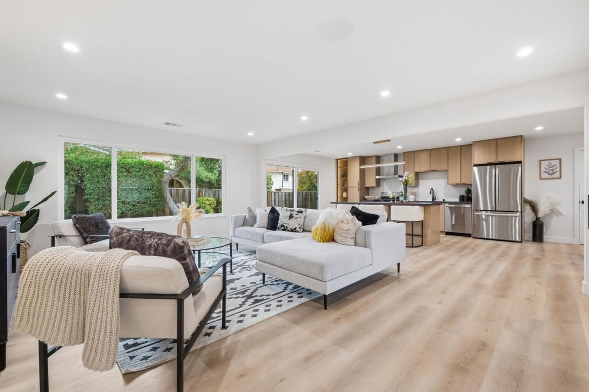 Interior, Kitchen, Living room, Recessed Lighting, Stainless Steel Appliances, Wood Texture Flooring