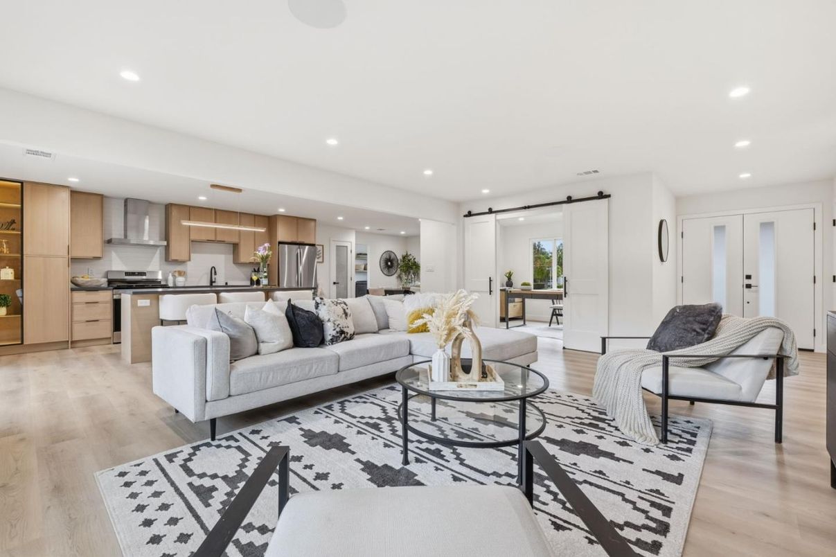 Interior, Kitchen, Living room, Recessed Lighting, Stainless Steel Appliances, Wood Texture Flooring