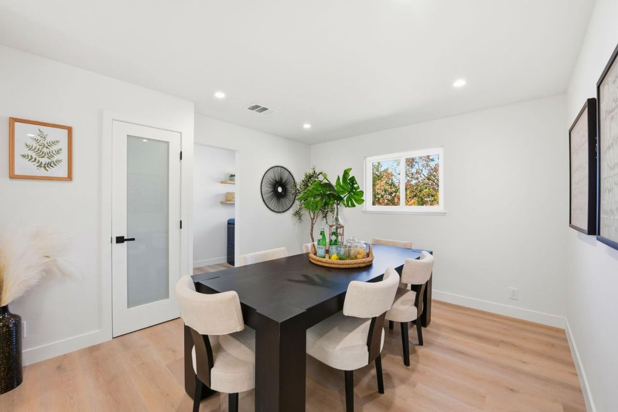 Dining room, Interior, Recessed Lighting, Wood Texture Flooring