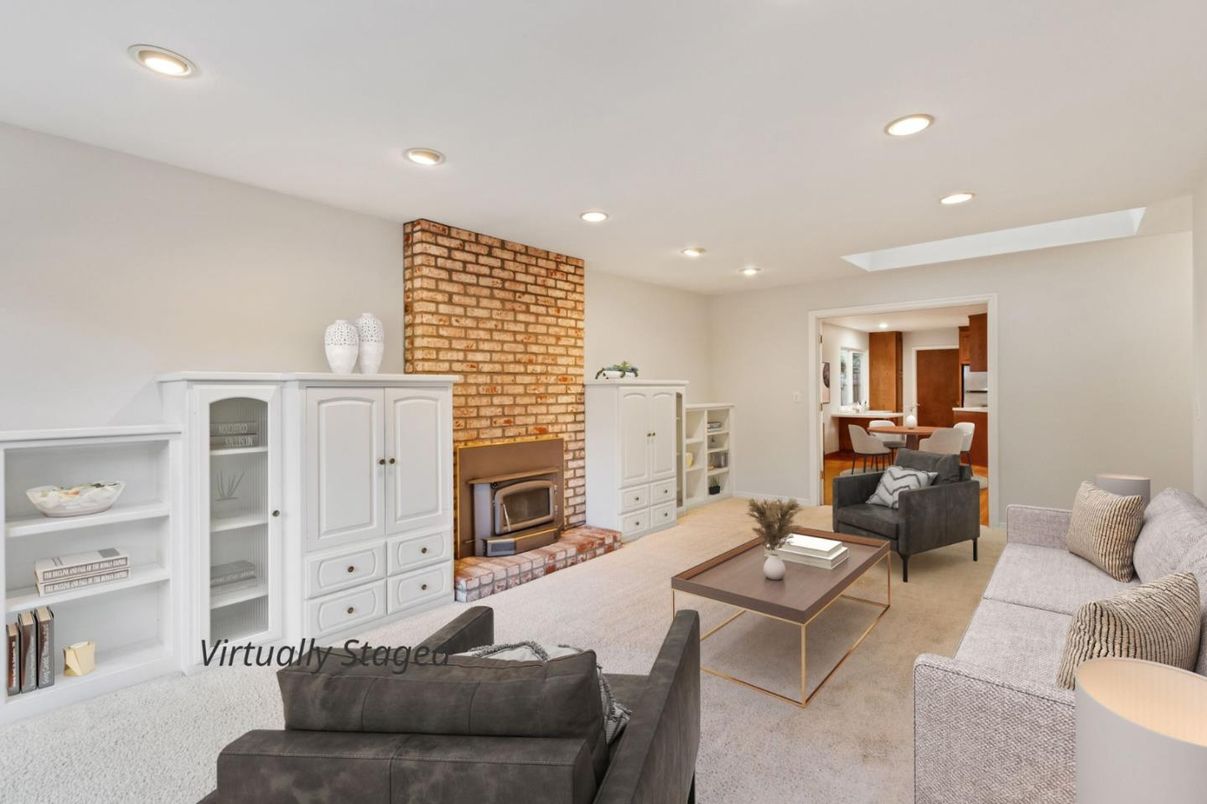 Dining room, Fireplace, Interior, Living room, Recessed Lighting, Stone Walls