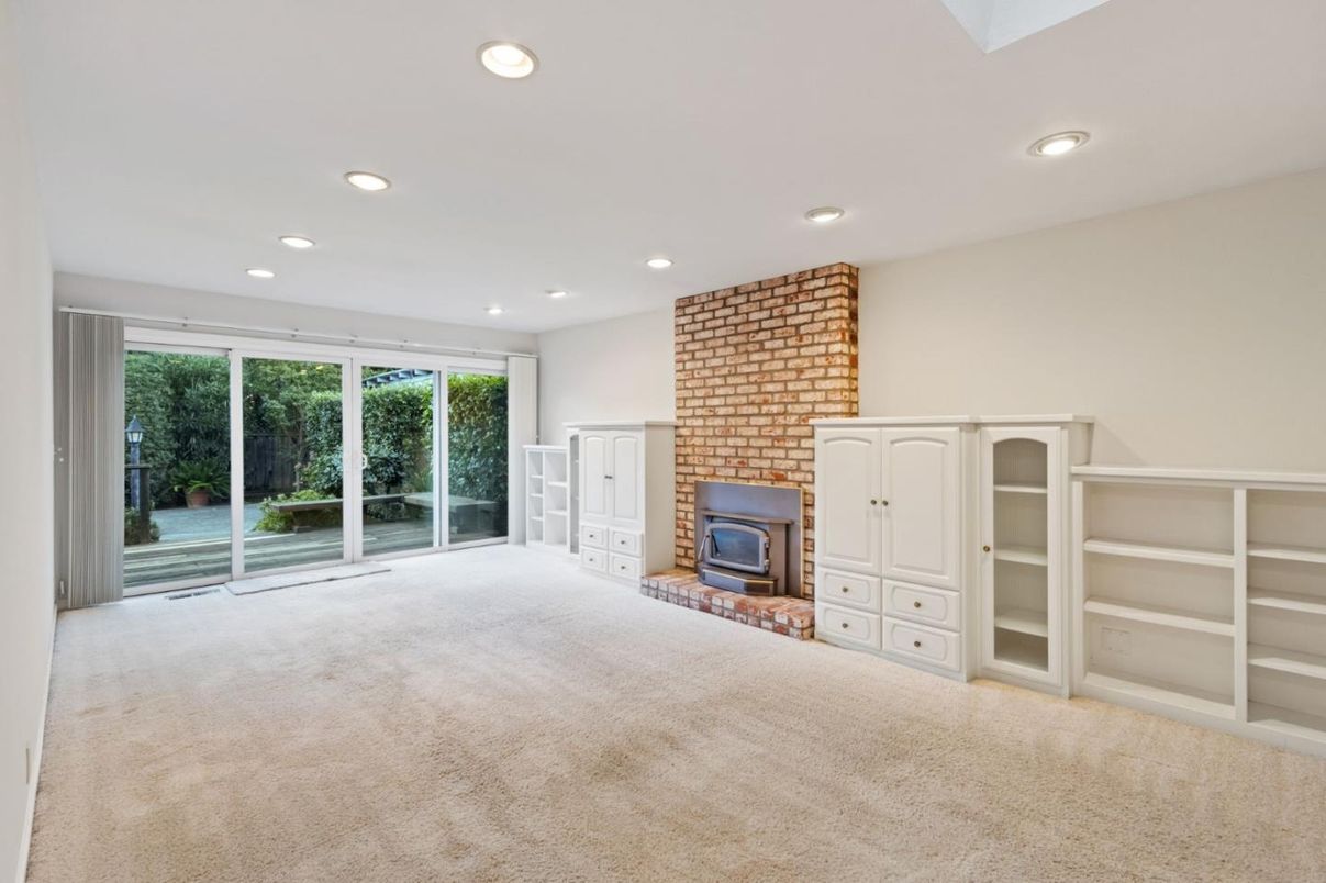 Empty room, Fireplace, Interior, Recessed Lighting, Stone Walls