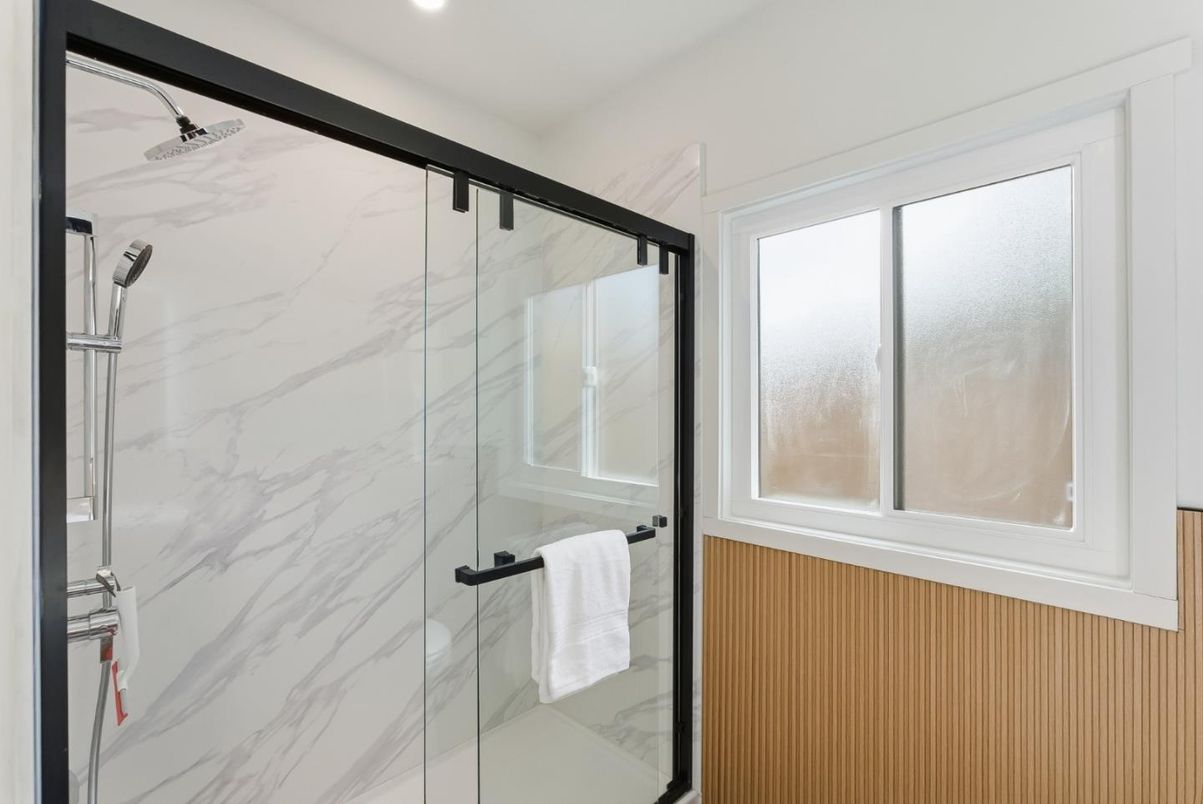 Bathroom, Glass Shower, Interior, Marble Walls, Recessed Lighting