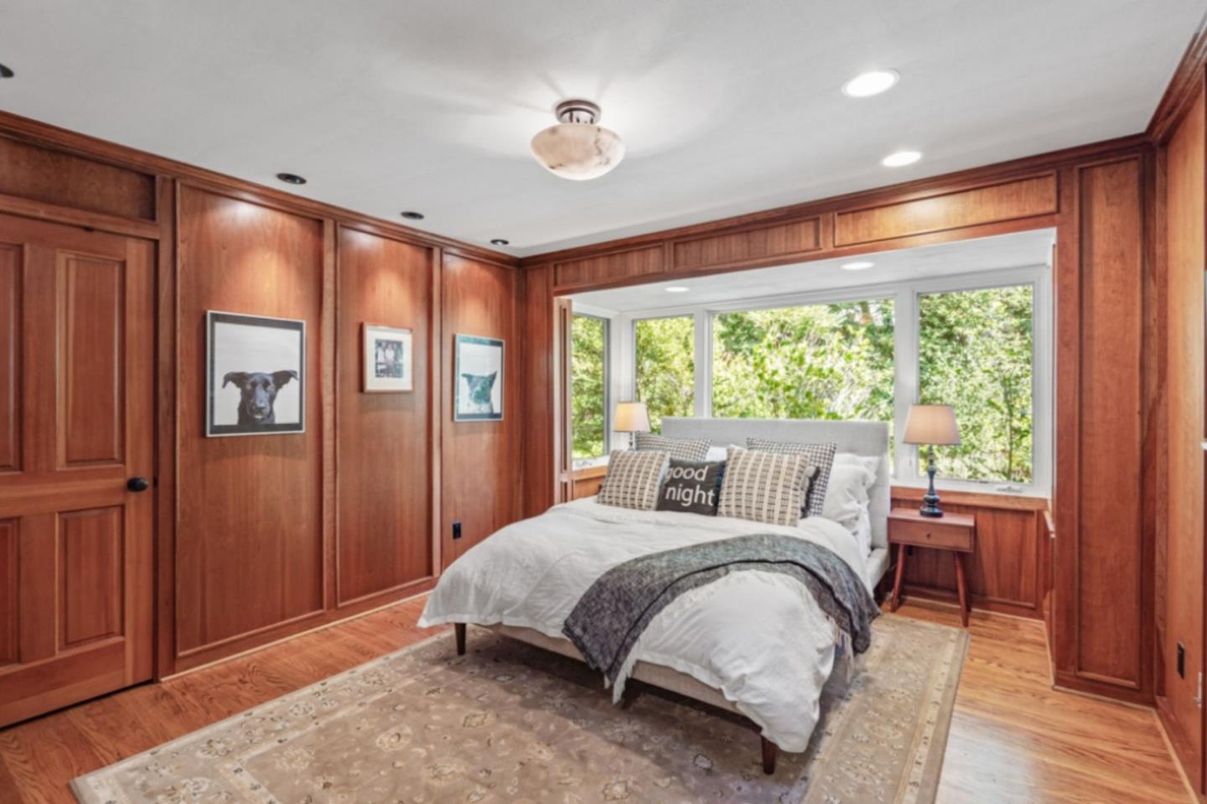 Bedroom, Interior, Recessed Lighting, Wood Texture Flooring, Wooden Walls