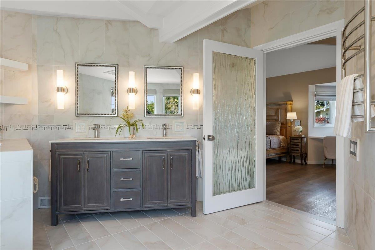 Bathroom, Dual Sink Vanities, Interior, Marble Walls, Wood Texture Flooring