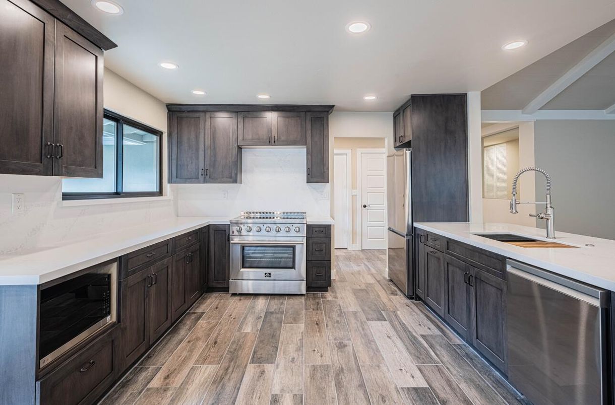 Interior, Kitchen, Recessed Lighting, Stainless Steel Appliances, Wood Texture Flooring