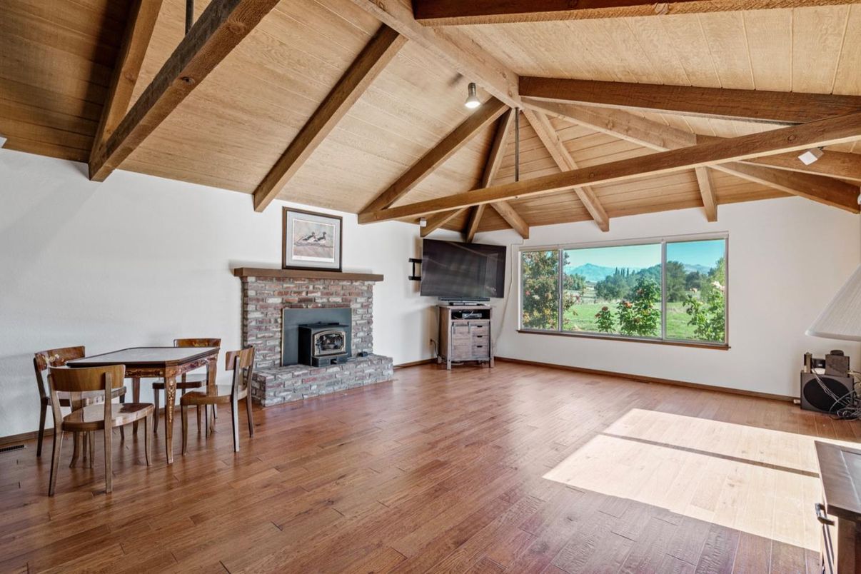 Dining room, Fireplace, Interior, Wooden Beams, Wooden Ceilings, Wood Texture Flooring