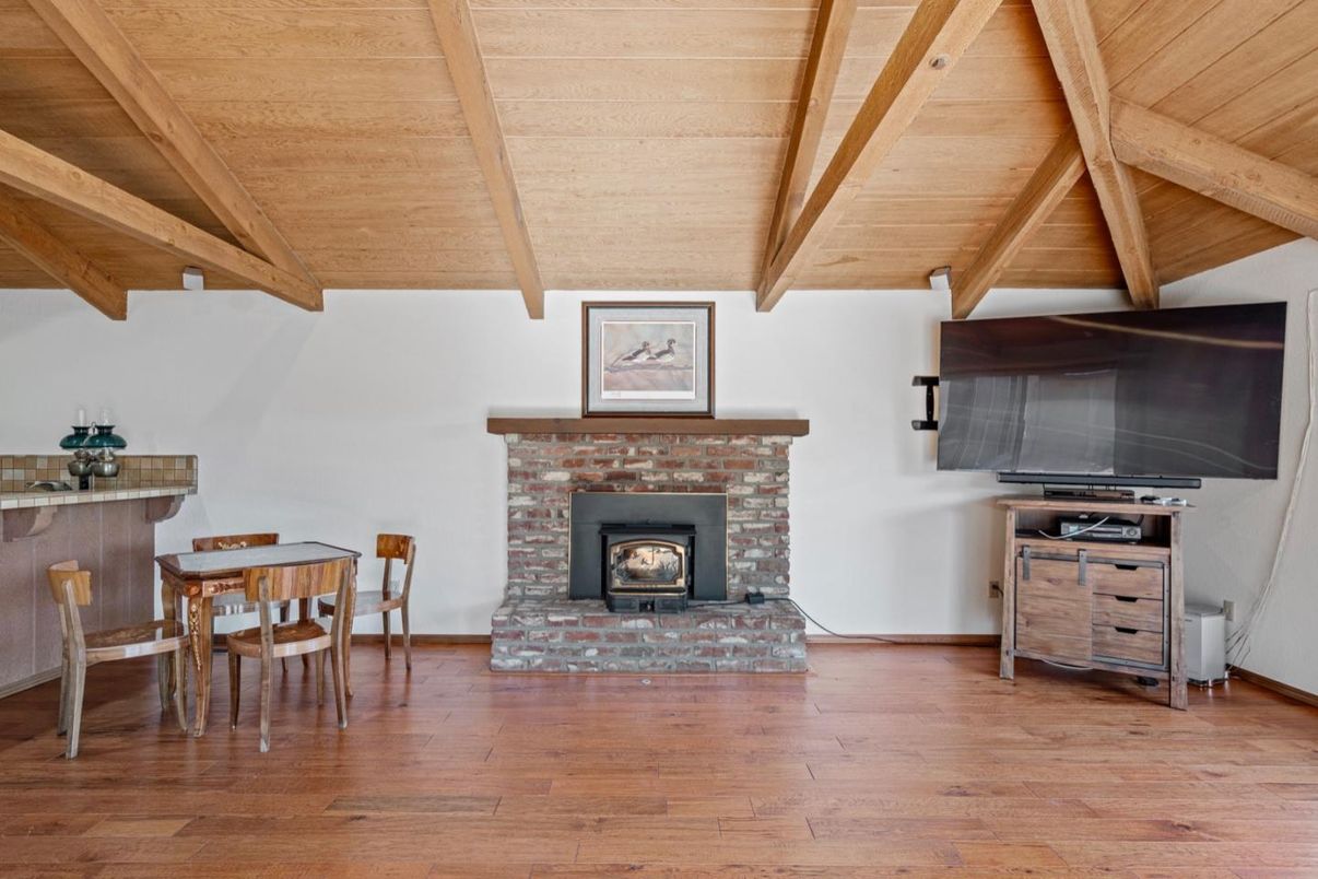 Dining room, Fireplace, Interior, Wooden Beams, Wooden Ceilings, Wood Texture Flooring
