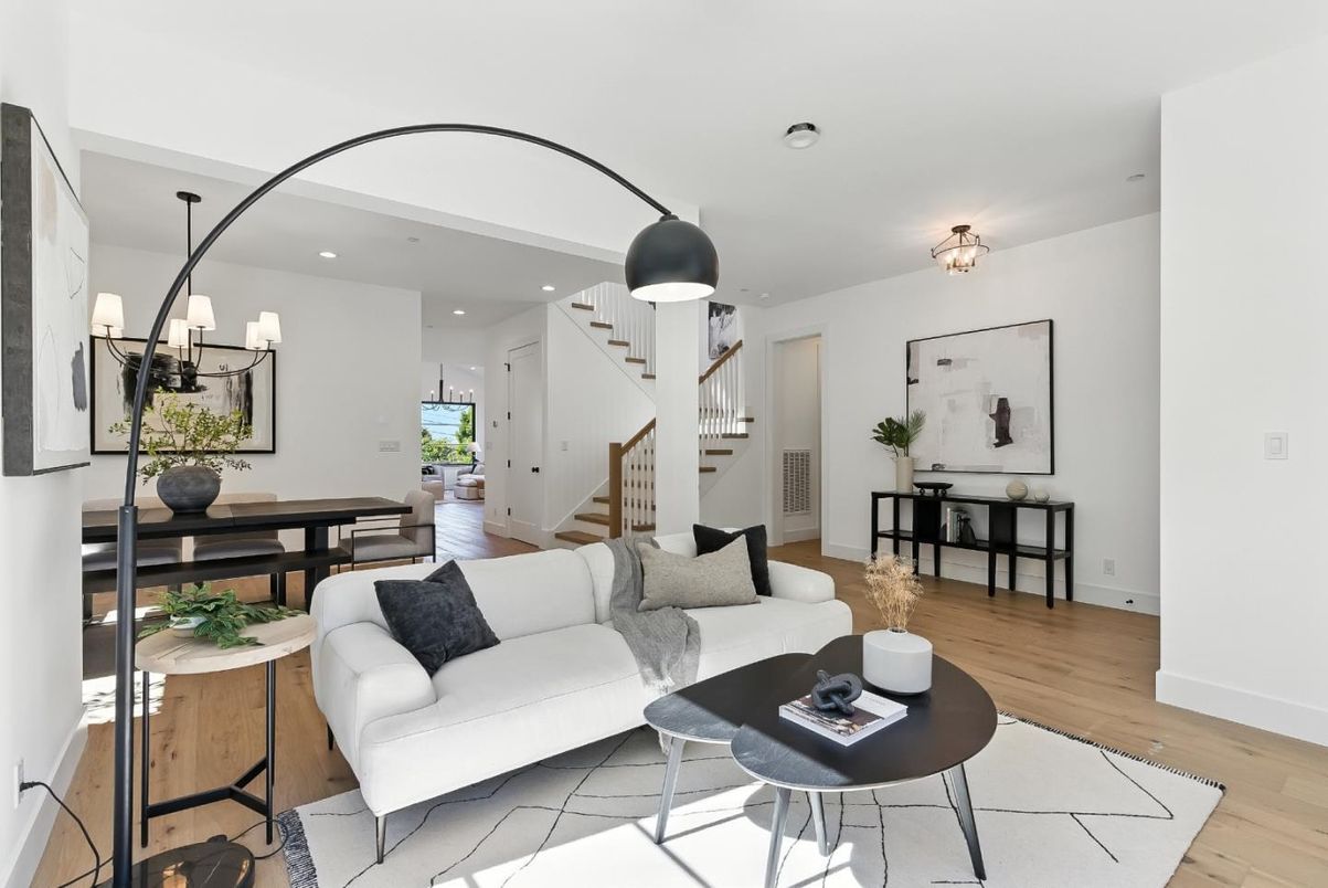 Dining room, Interior, Living room, Recessed Lighting, Wood Texture Flooring