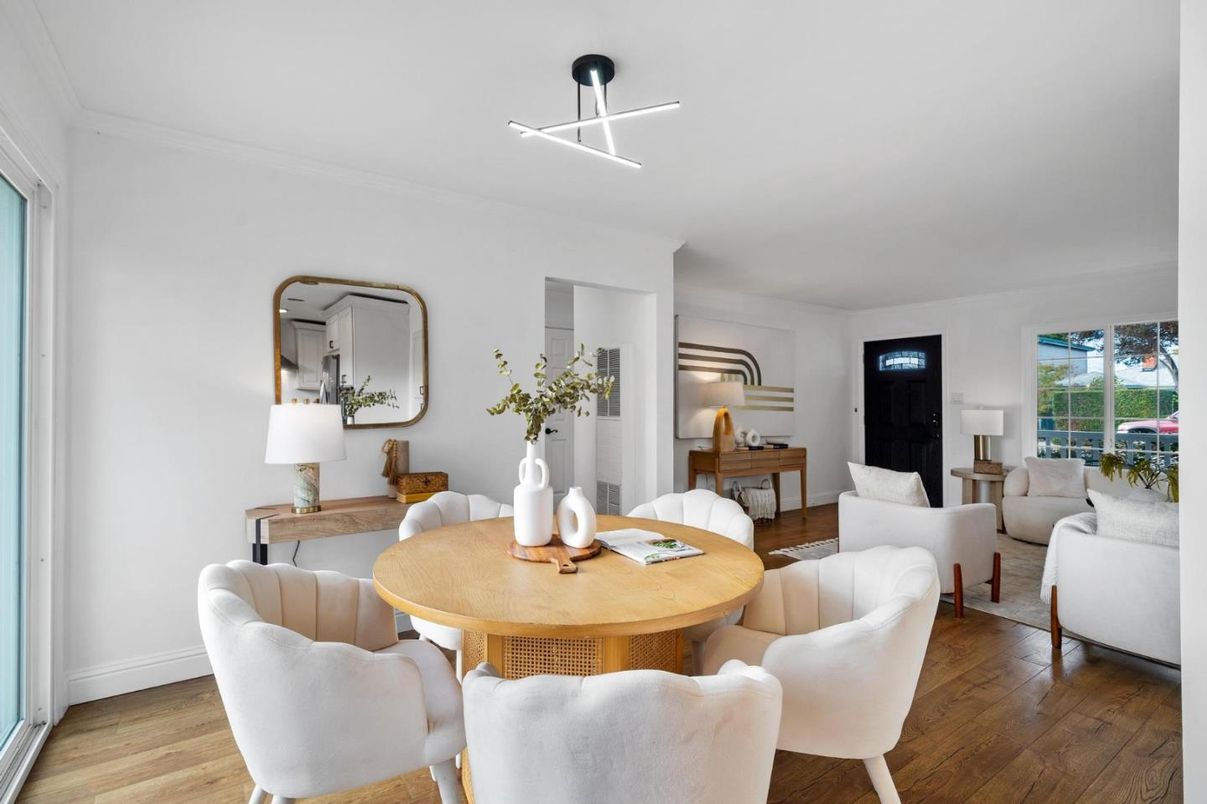 Dining room, Interior, Living room, Pendant Lights, Wood Texture Flooring