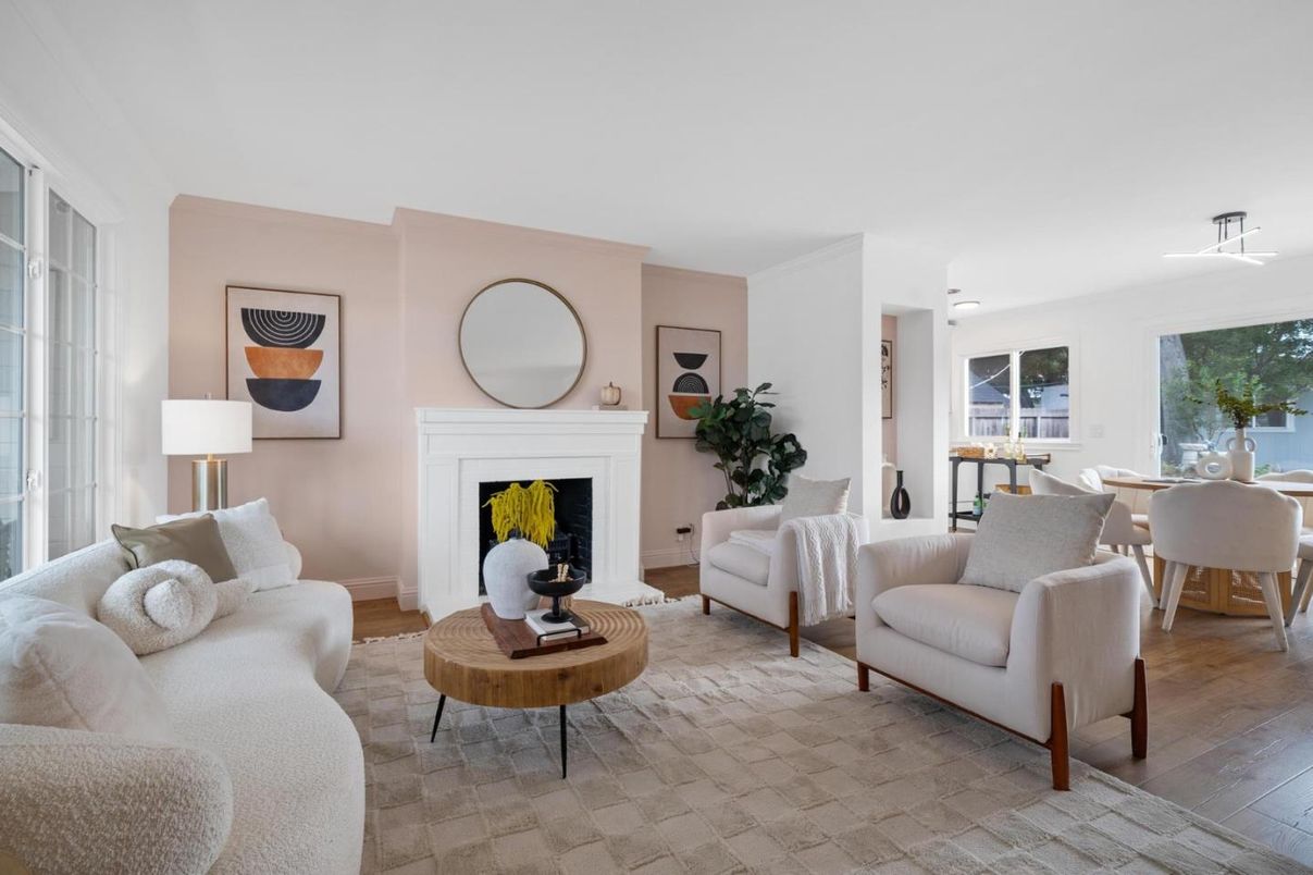 Dining room, Fireplace, Interior, Living room, Wood Texture Flooring