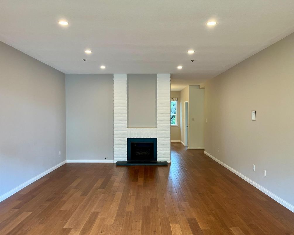 Empty room, Fireplace, Interior, Recessed Lighting, Wood Texture Flooring