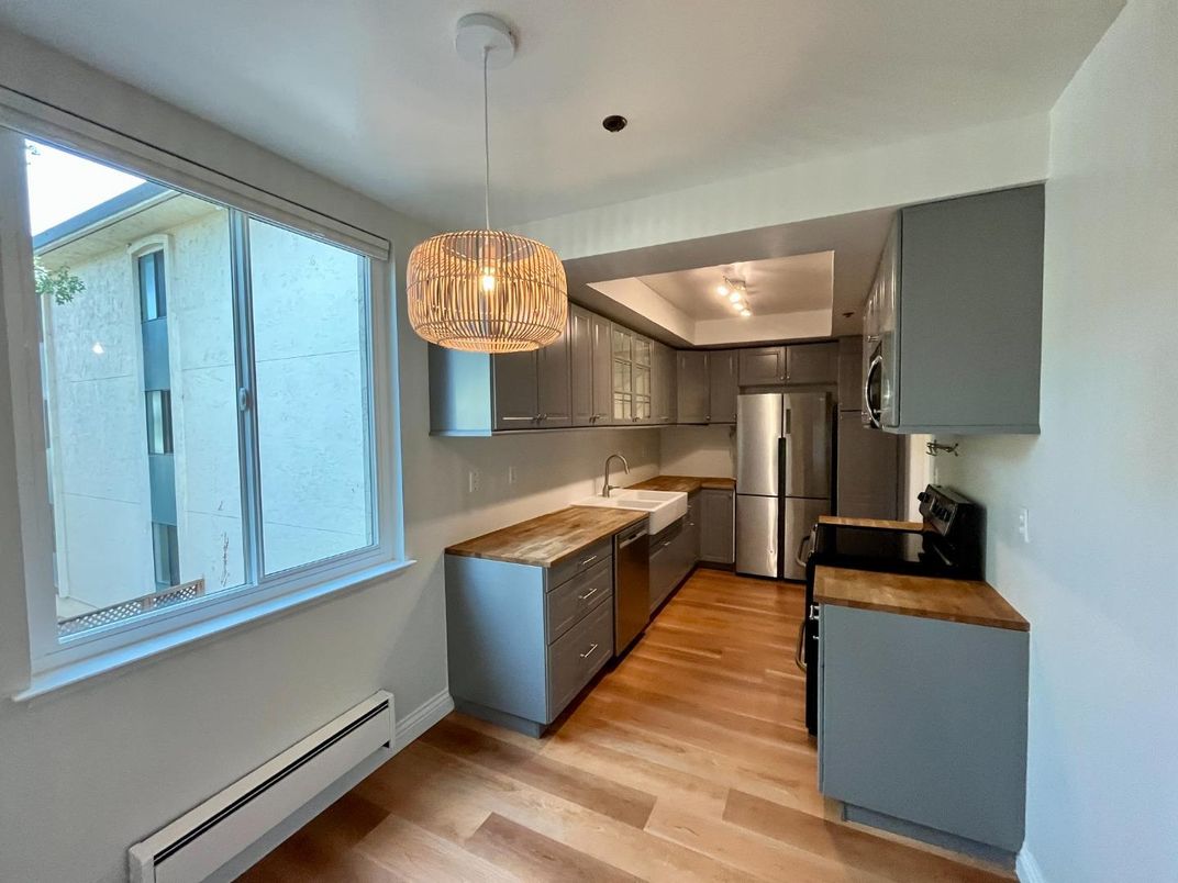 Interior, Kitchen, Pendant Lights, Stainless Steel Appliances, Wood Texture Flooring