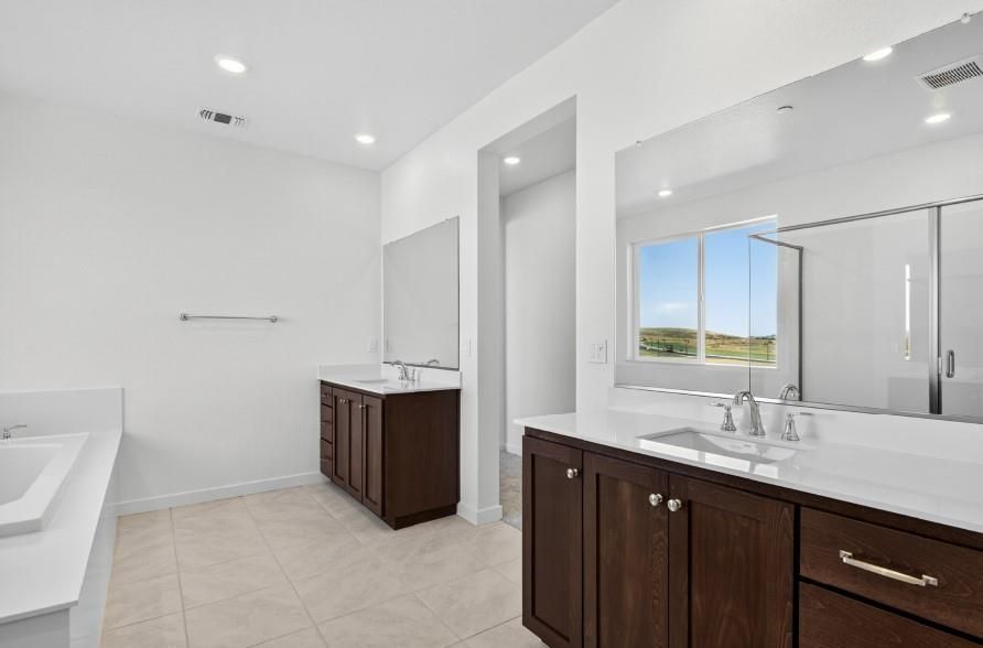 Bathroom, Dual Sink Vanities, Glass Shower, Interior, Recessed Lighting