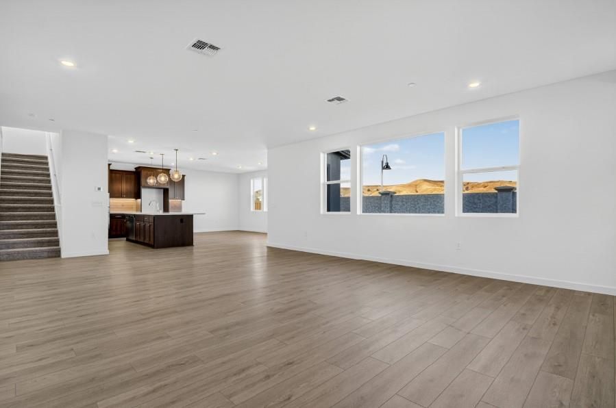 Empty room, Interior, Kitchen, Pendant Lights, Recessed Lighting, Wood Texture Flooring