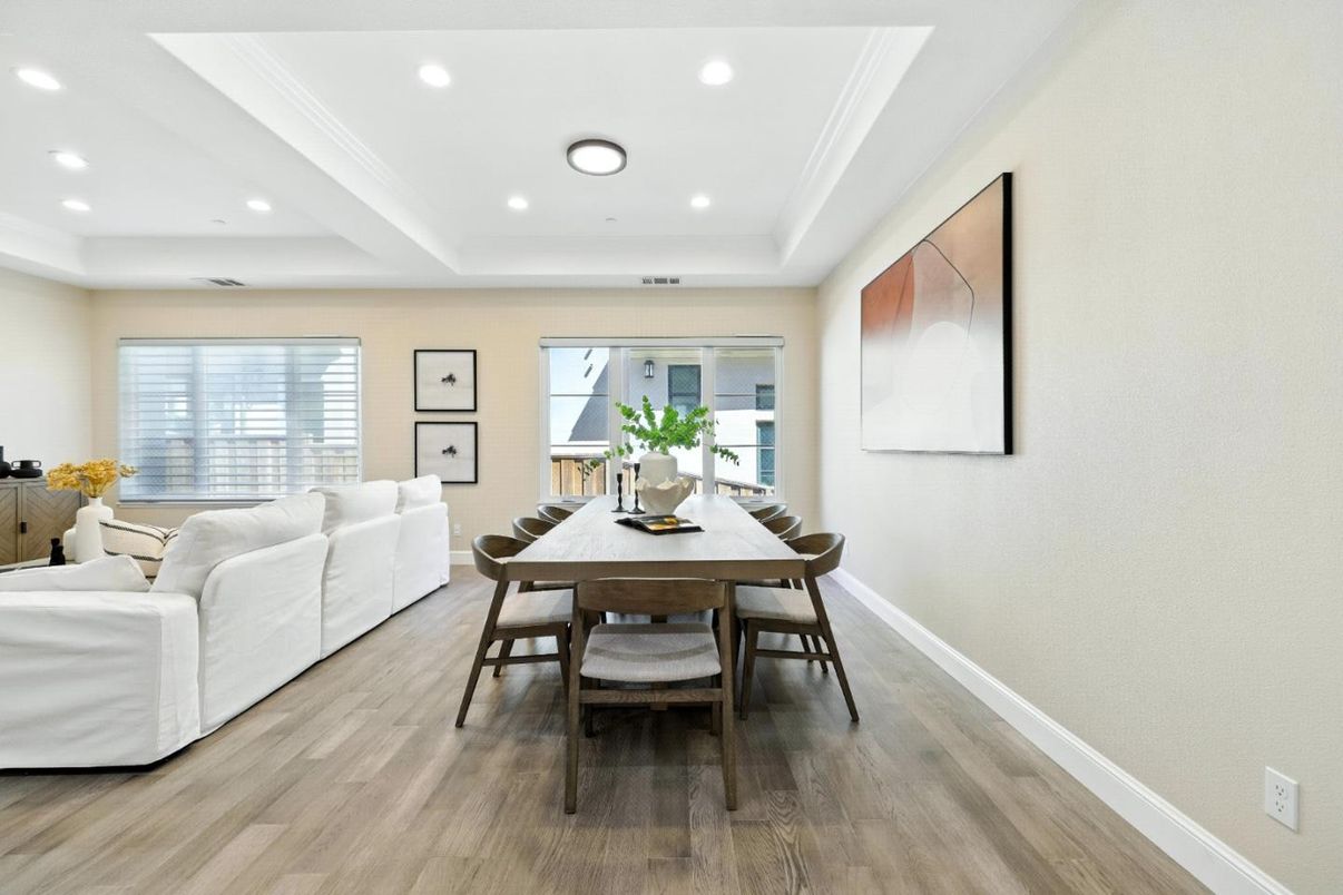Dining room, Interior, Living room, Recessed Lighting, Wood Texture Flooring