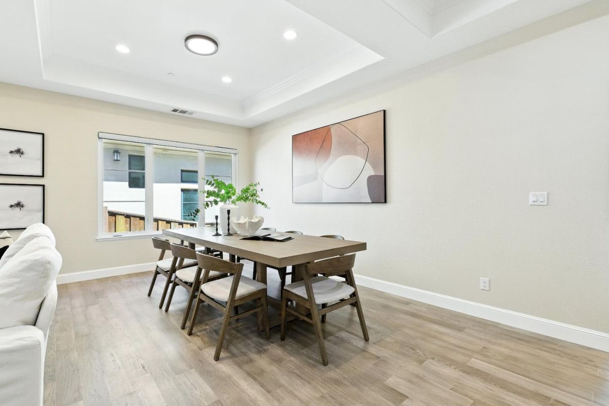 Dining room, Interior, Recessed Lighting, Wood Texture Flooring