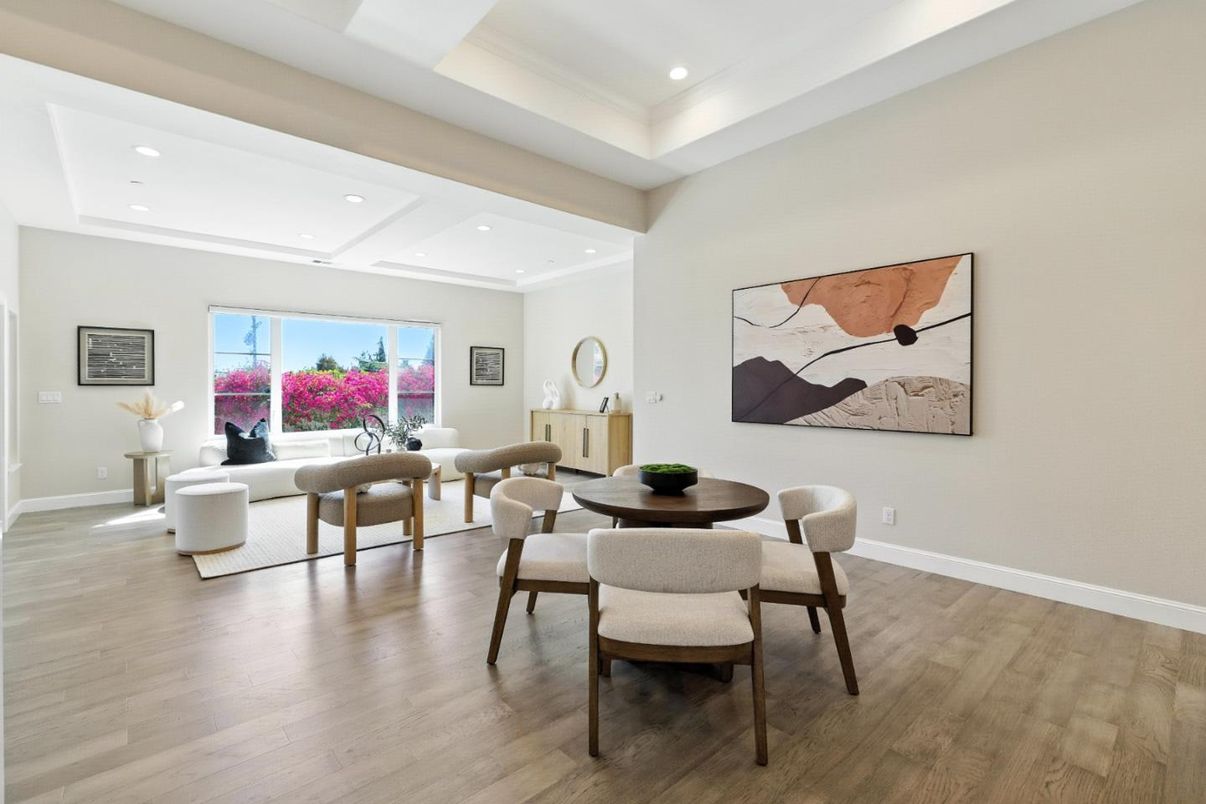 Dining room, Interior, Living room, Recessed Lighting, Wood Texture Flooring