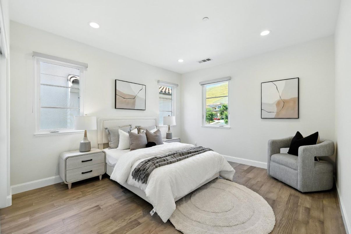 Bedroom, Interior, Recessed Lighting, Wood Texture Flooring