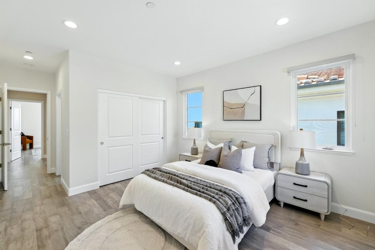 Bedroom, Interior, Recessed Lighting, Wood Texture Flooring