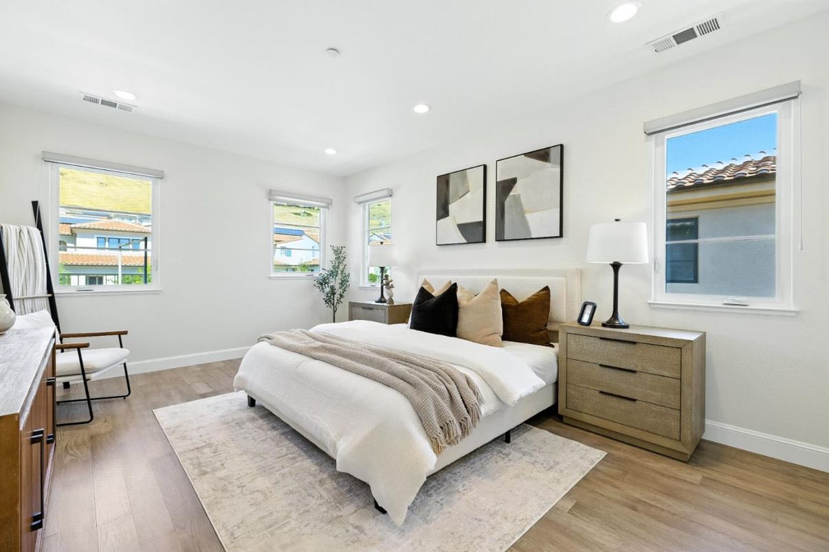 Bedroom, Interior, Recessed Lighting, Wood Texture Flooring