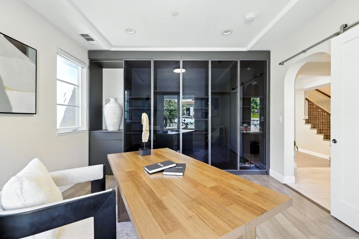 Home Office, Interior, Pendant Lights, Recessed Lighting, Wood Texture Flooring