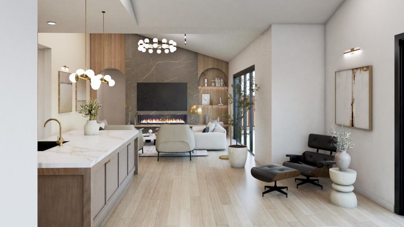 Fireplace, Interior, Living room, Pendant Lights, Recessed Lighting, Wood Texture Flooring