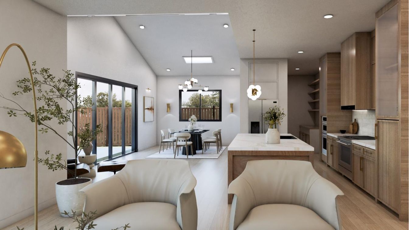 Dining room, Interior, Kitchen, Living room, Pendant Lights, Recessed Lighting, Stainless Steel Appliances, Wood Texture Flooring