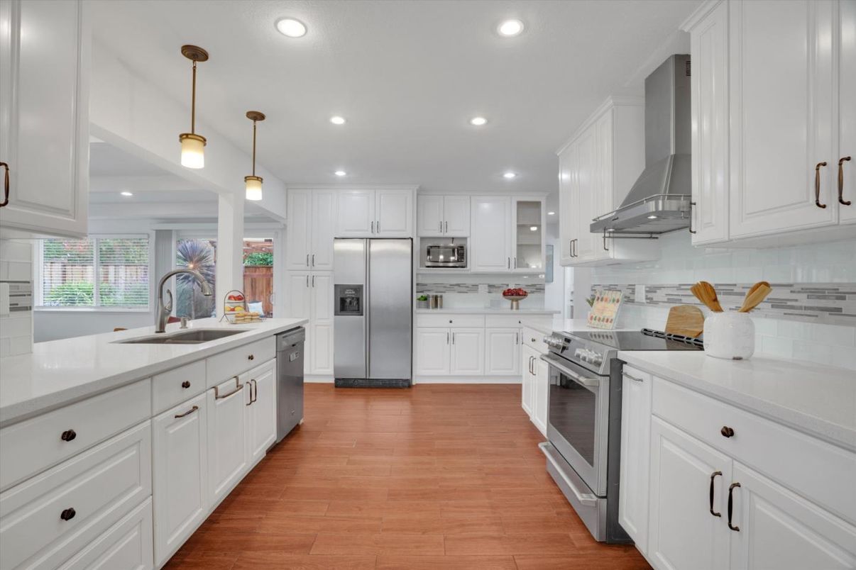 Interior, Kitchen, Pendant Lights, Recessed Lighting, Stainless Steel Appliances, Wood Texture Flooring