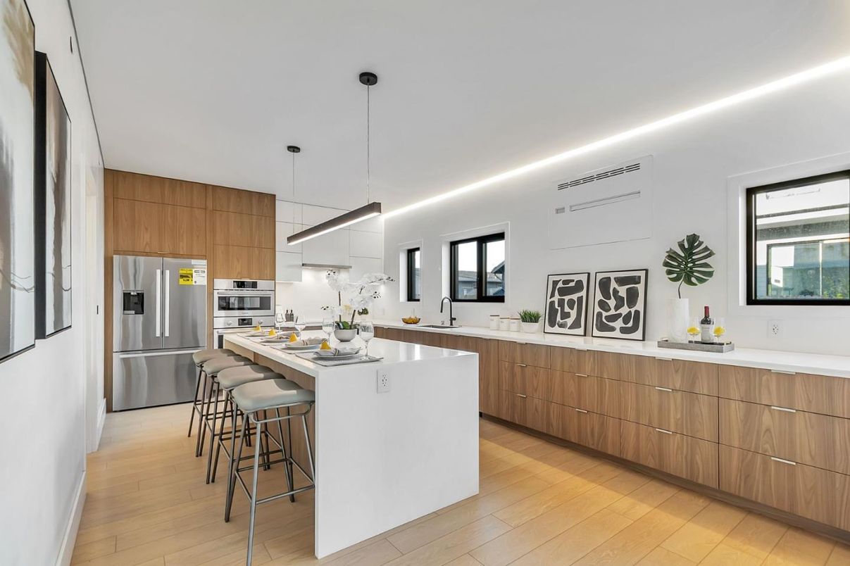 Interior, Kitchen, Pendant Lights, Stainless Steel Appliances, Wood Texture Flooring